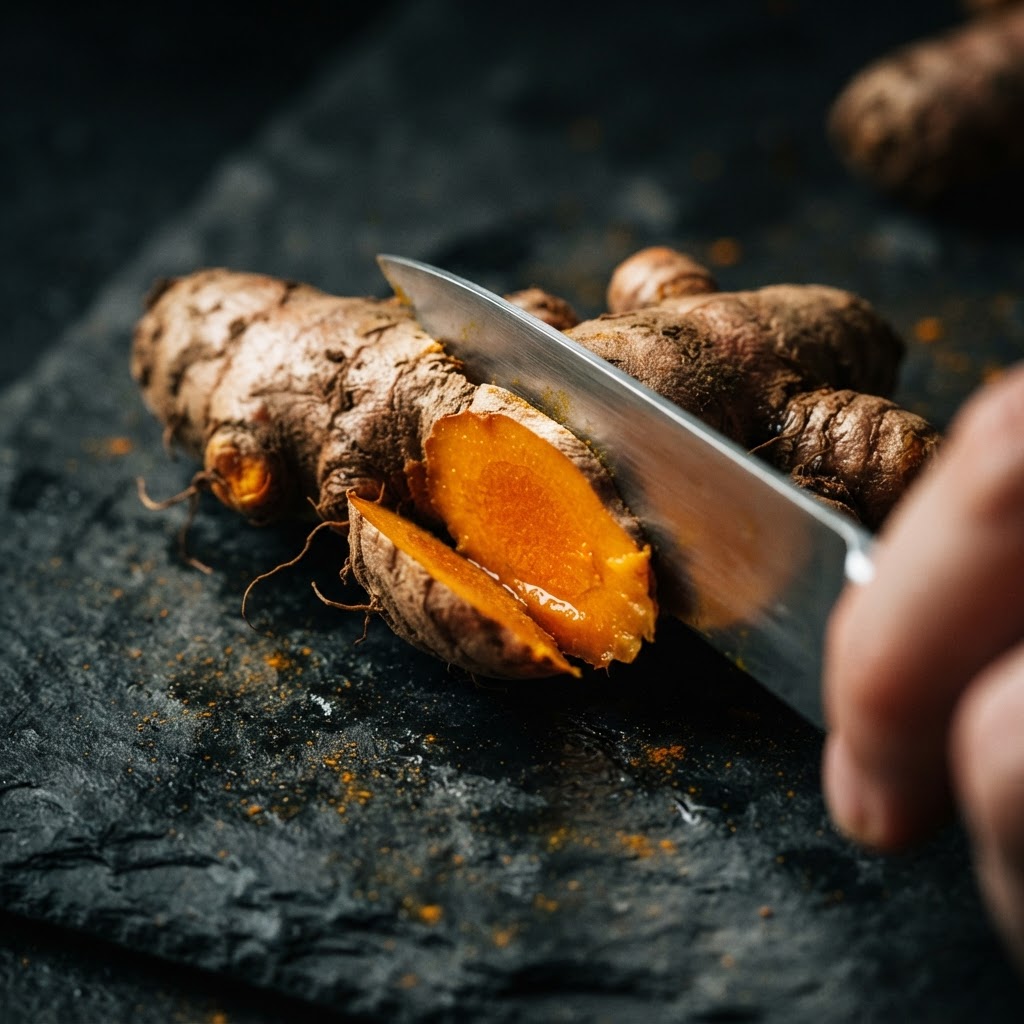 Raw medicinal root sliced on stone